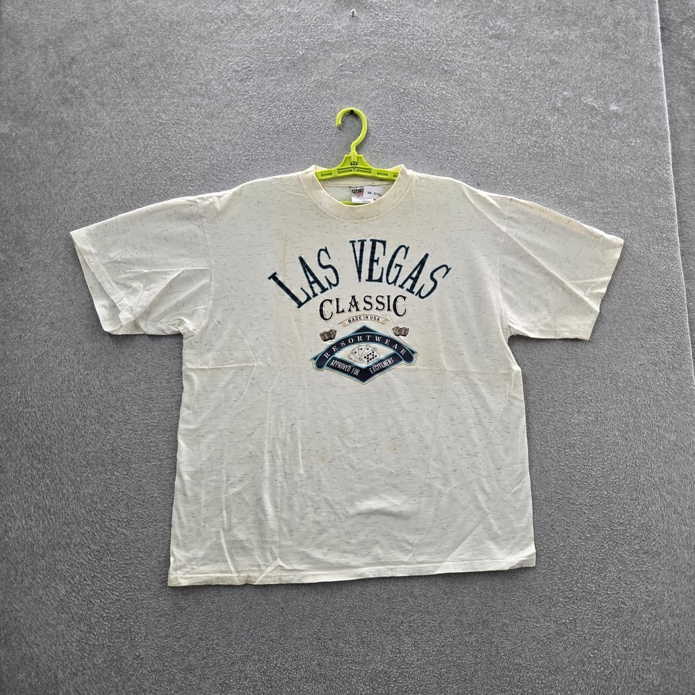VINTAGE Las Vegas Men Shirt XL White Graphic Las Vegas 90s Single Stitch READ